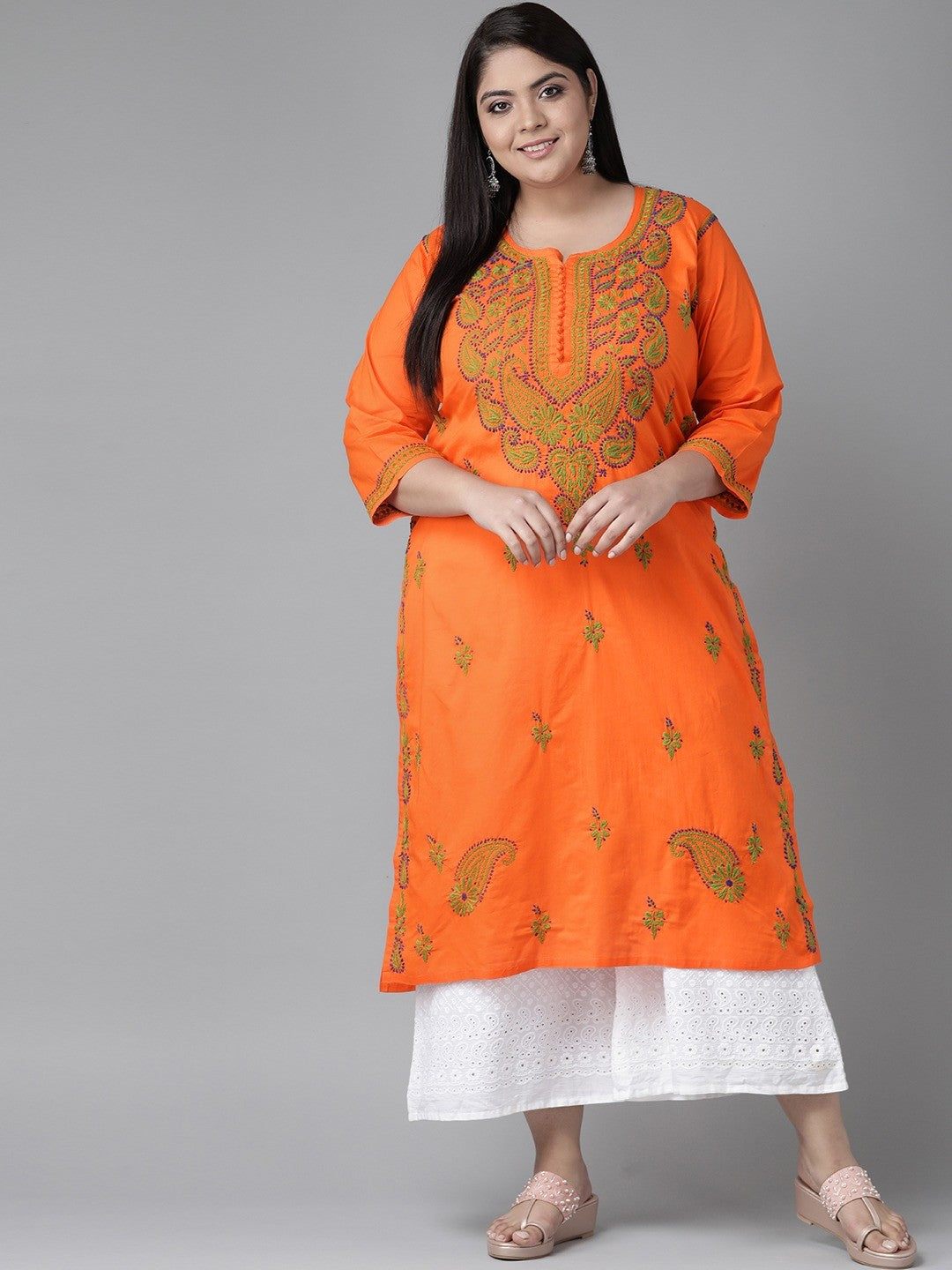 Ada Hand Embroidered Orange Cotton Lucknowi Chikankari Straight Kurta A223686