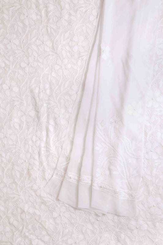 Ada Hand Embroidered White Georgette Lucknowi Chikan Unstitched Kurta Dupatta Set-A611694