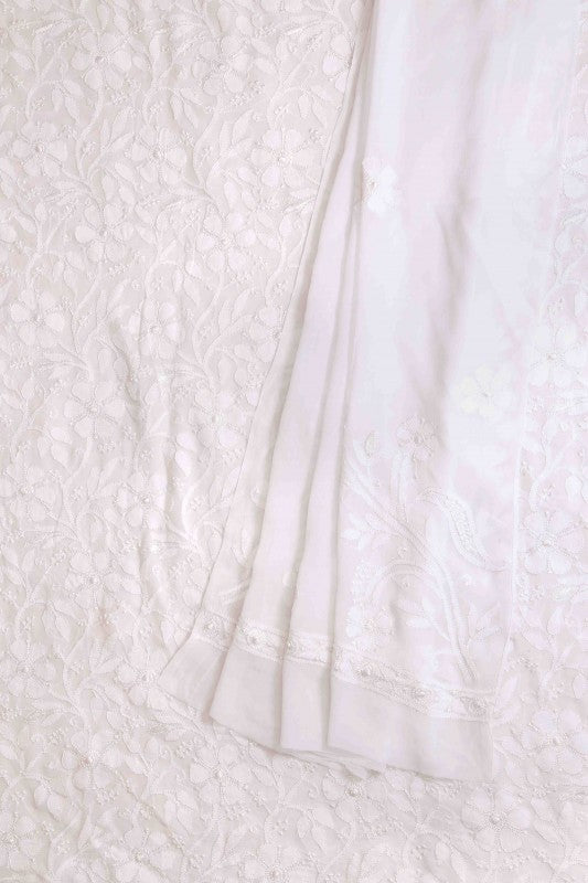 Ada Hand Embroidered White Georgette Lucknowi Chikan Unstitched Kurta Dupatta Set-A611694