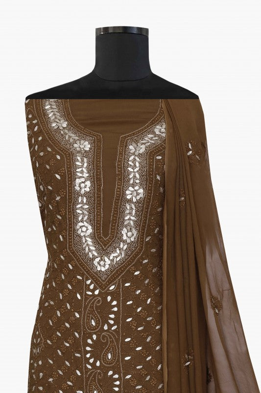 Ada Hand Embroidered Brown Georgette Lucknowi Chikan Unstitched Kurta Dupatta Set With Gota Patti Work- A590960