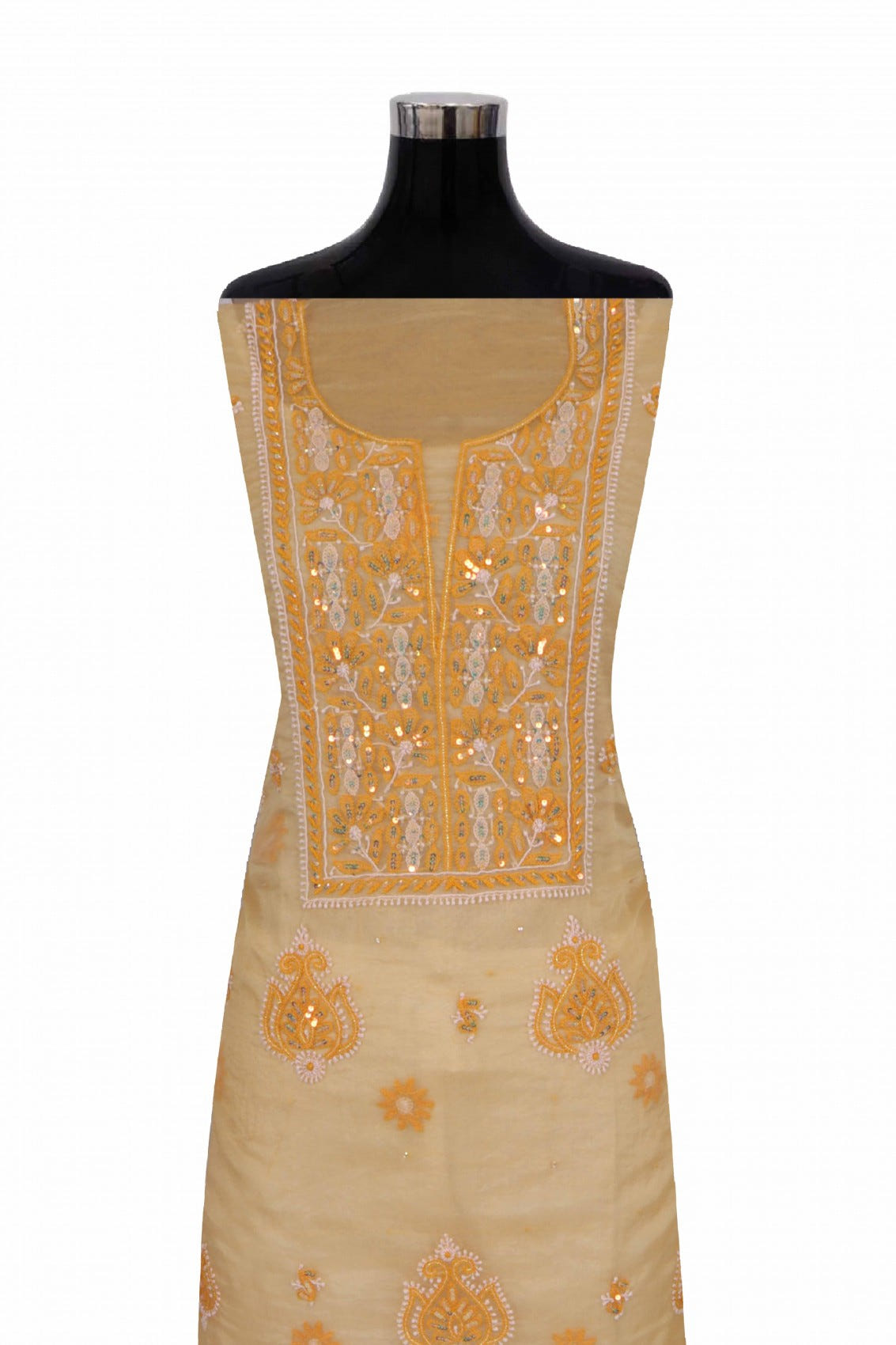 Ada Hand Embroidered Tangerine Orange Organza Lucknowi Chikankari Unstitched Kurta Dupatta Set With Sequinned Work 01A133669