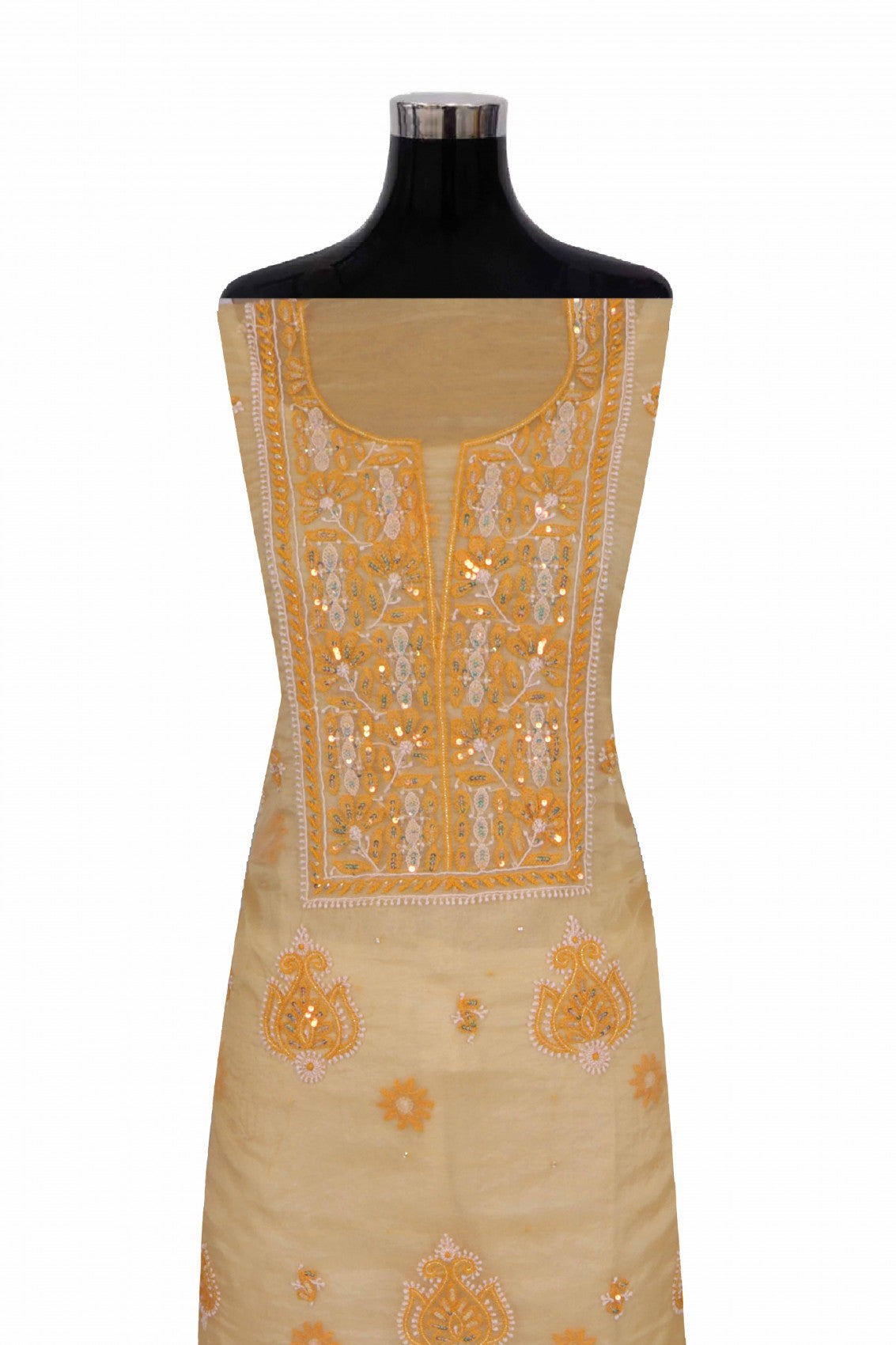 Ada Hand Embroidered Tangerine Orange Organza Lucknowi Chikankari Unstitched Kurta Dupatta Set With Sequinned Work 01A133669