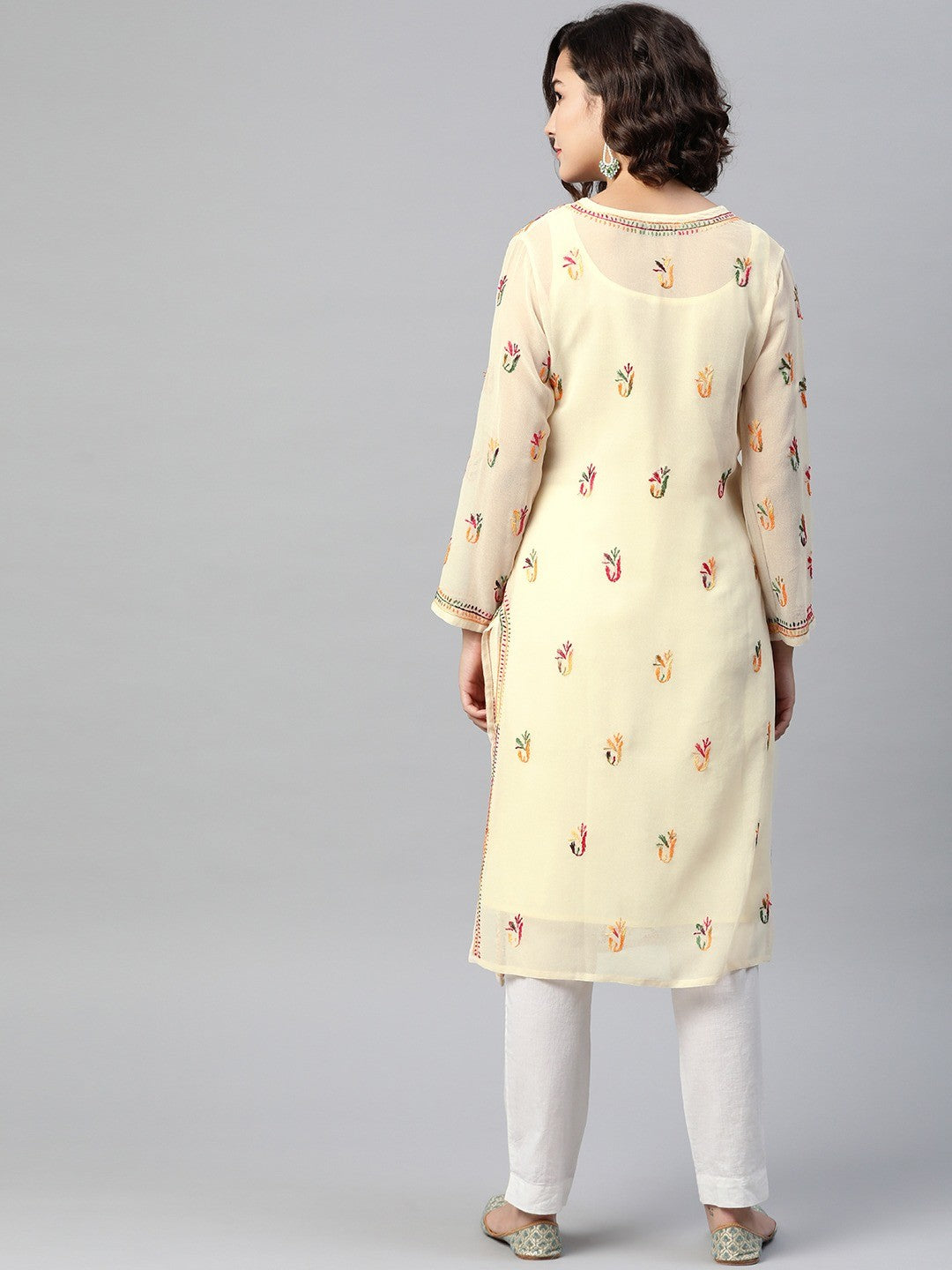 Ada Hand Embroidered Fawn Georgette Lucknowi Chikankari Straight Kurta With Slip A90318