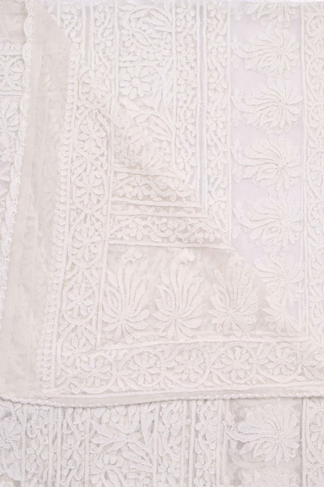 Ada Hand Embroidered White Net Lucknowi Chikankari Dupatta A478789