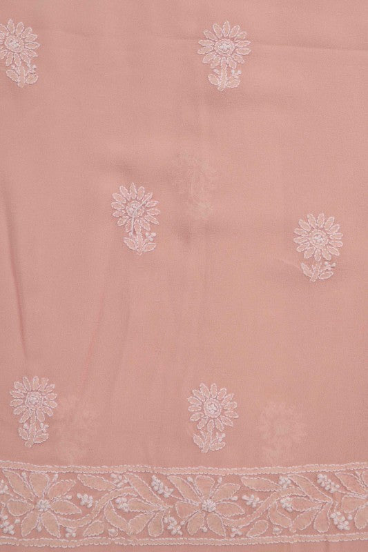 Ada Hand Embroidered Light Peach Pure Georgette Lucknowi Chikan Unstitched Kurta Piece A505479