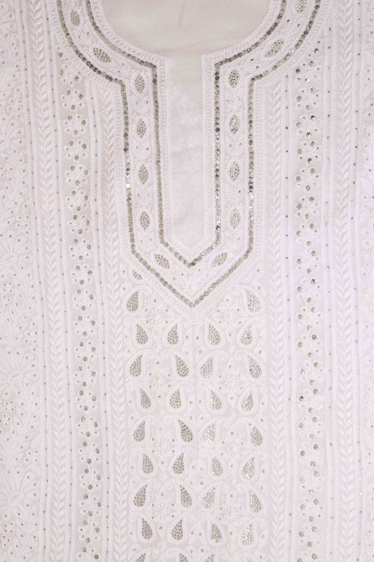 Ada Hand Embroidered White Georgette Lucknowi Chikan Unstitched Kurta Piece With Muqaish Work A580799