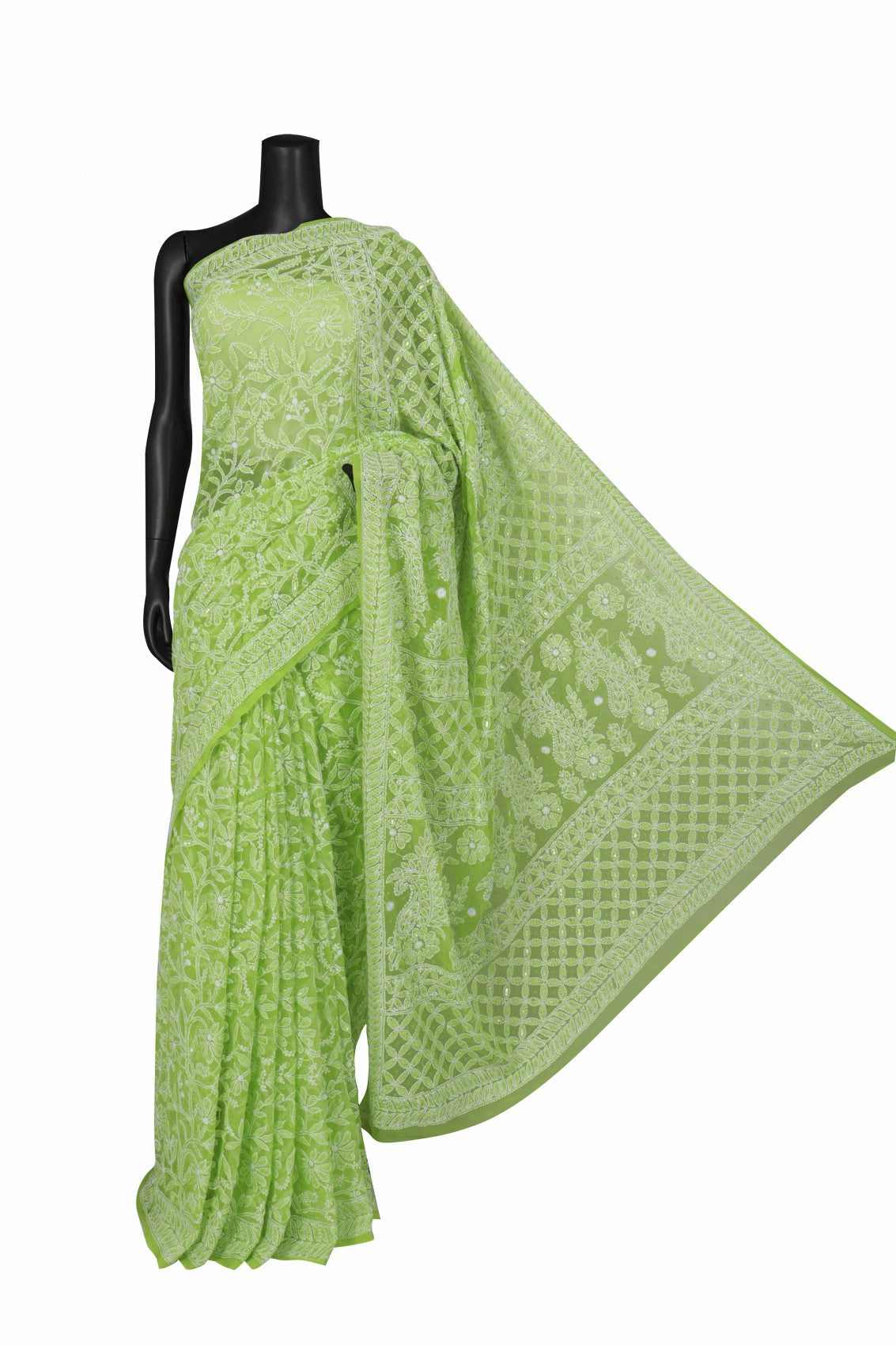 Ada Hand Embroidered Sheen Green Georgette Lucknowi Chikankari Saree/Blouse With Sequinned Work 01A204595