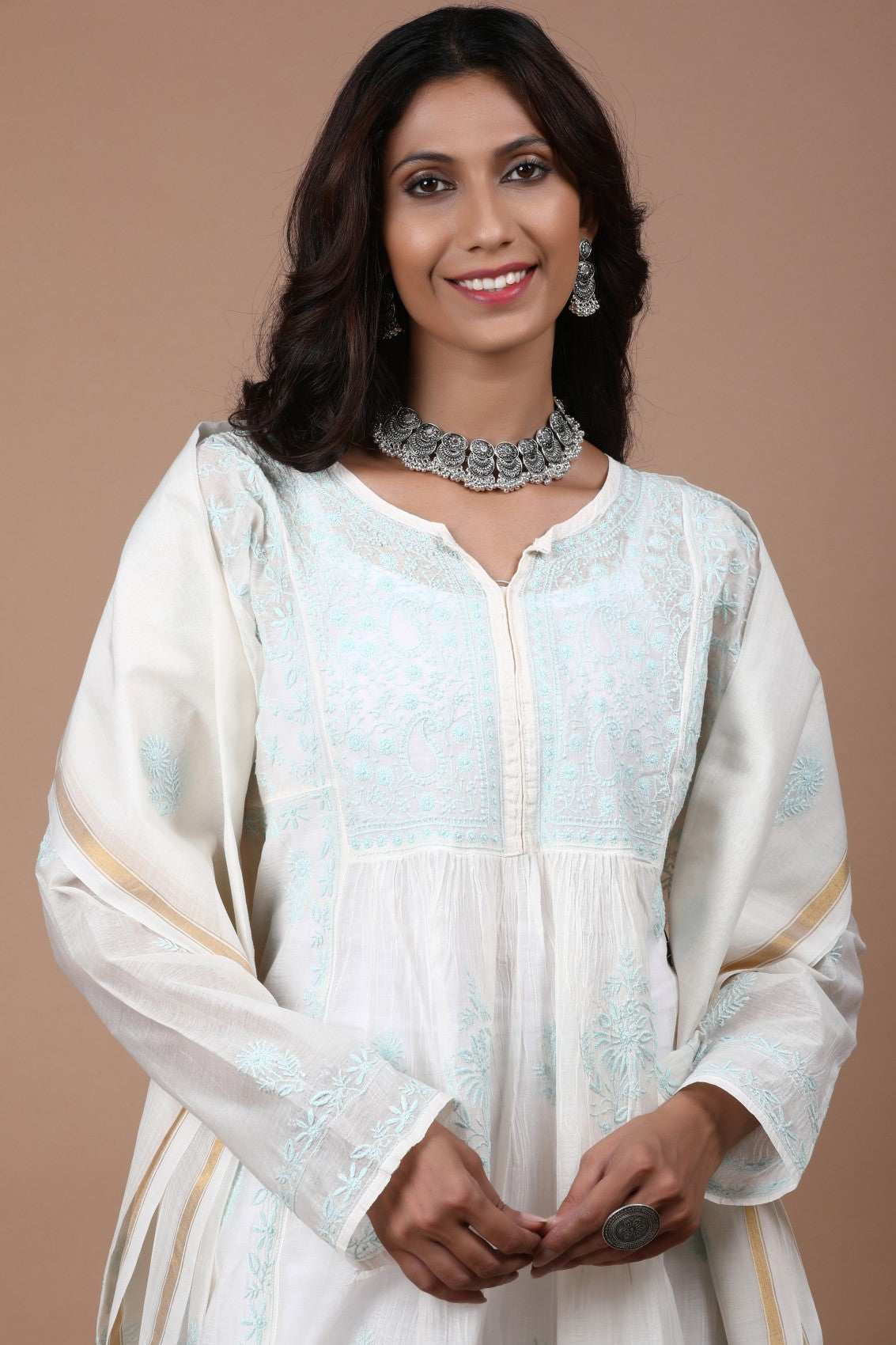 Ada Hand Embroidered Cream Chanderi Lucknowi Chikankari Semi-stitched Anarkali Kurta Dupatta Set 01A268037