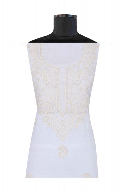 Ada Hand Embroidered White Cotton Lucknowi Chikan Unstitched Kurta Piece A355764