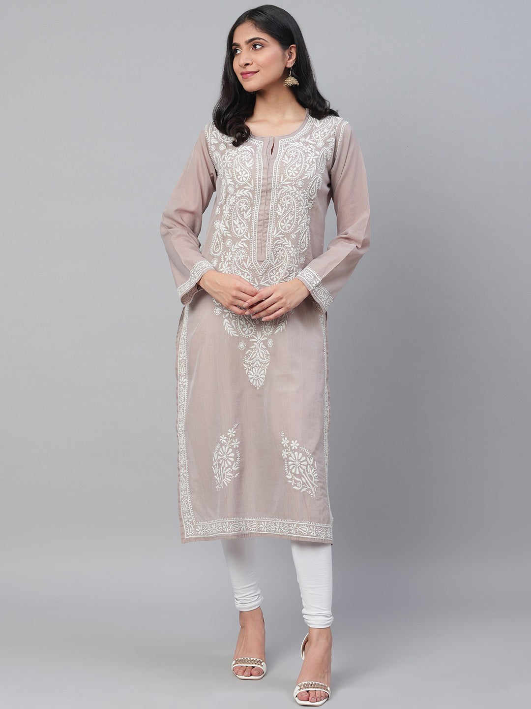 Ada Hand Embroidered Grey Chanderi Lucknowi Chikan Straight Kurta A100596