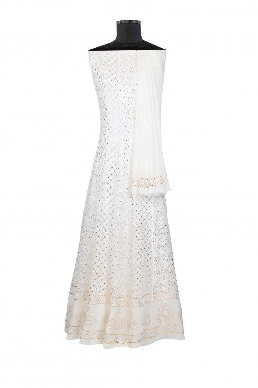 Ada Hand Embroidered White Pure Georgette Unstitched Anarkali Kurta Dupatta With Muqaish Work–A614564