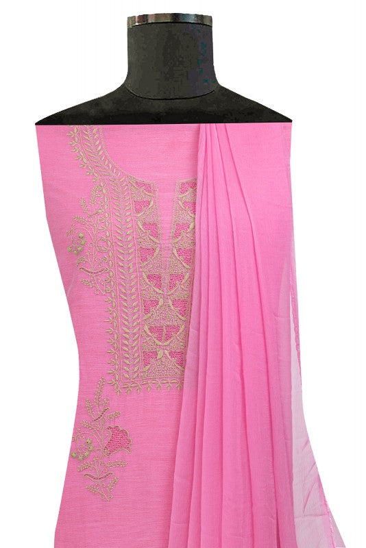 Ada Hand Embroidered Pink Chanderi Lucknowi Chikan Unstitched Suit Piece A549388