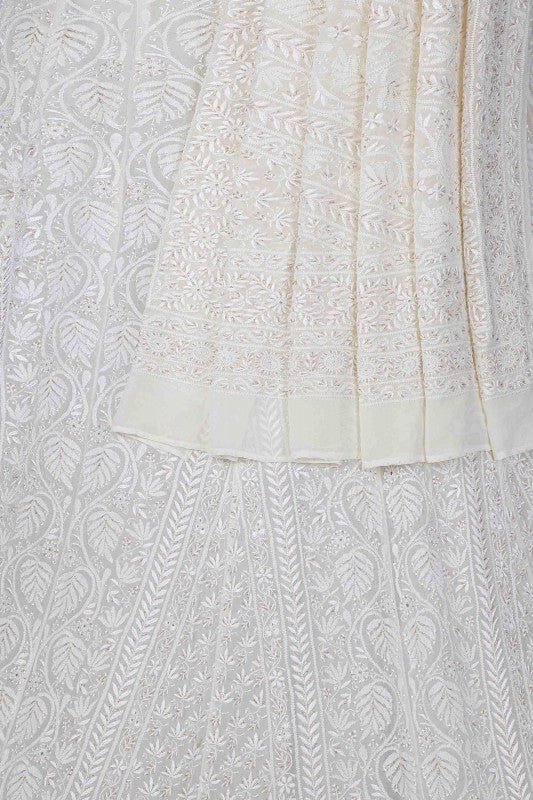 Ada Hand Embroidered Milky White  Pure Georgette Lucknowi Chikankari Lehenga-A625497