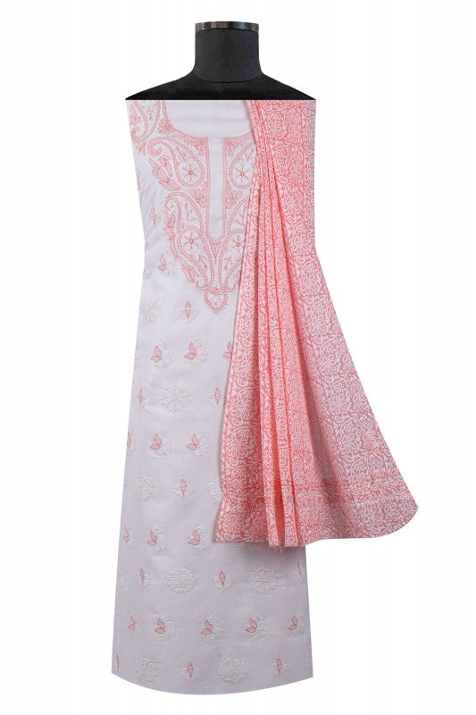 Ada Hand Embroidered White Cotton Lucknowi Chikan Unstitched Suit Piece A607693
