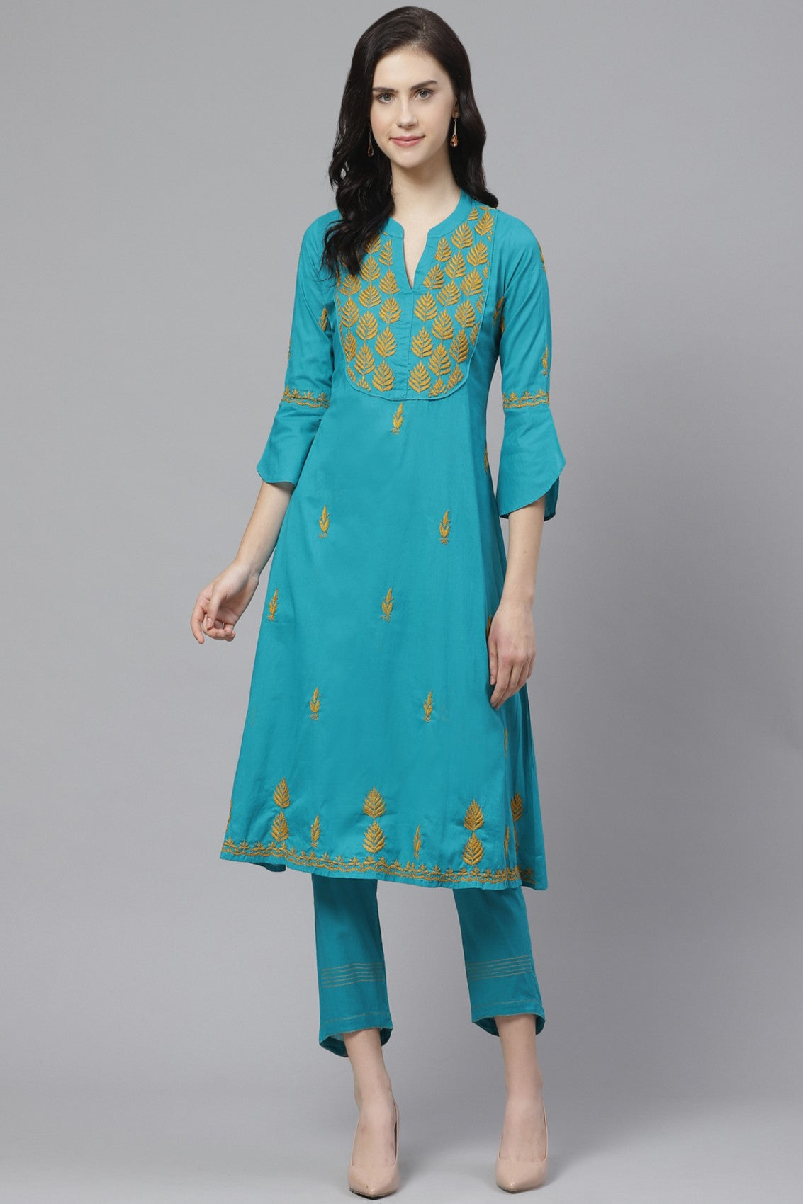 Ada Hand Embroidered Blue Cotton Lucknowi Chikankari Kurta with Trouser Set A100318