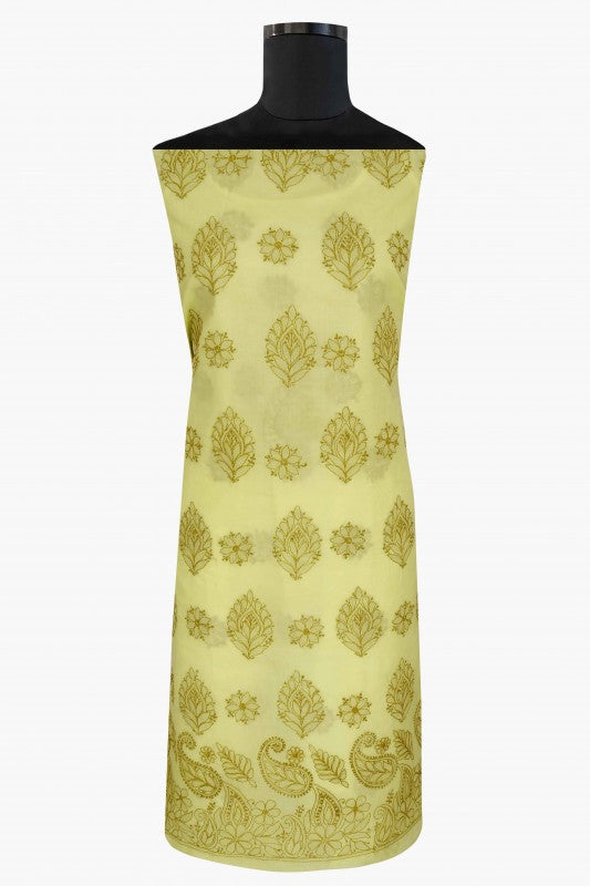 Ada Hand Embroidered Lemon Cotton Lucknowi Chikan Unstitched Suit Piece A211125