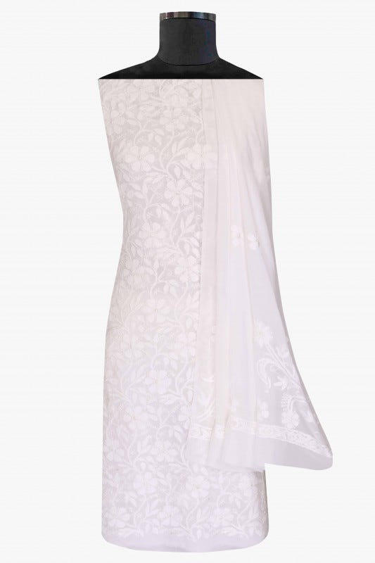Ada Hand Embroidered White Georgette Lucknowi Chikan Unstitched Kurta Dupatta Set-A611694