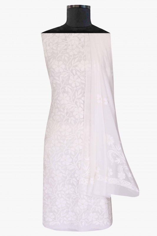 Ada Hand Embroidered White Georgette Lucknowi Chikan Unstitched Kurta Dupatta Set-A611694