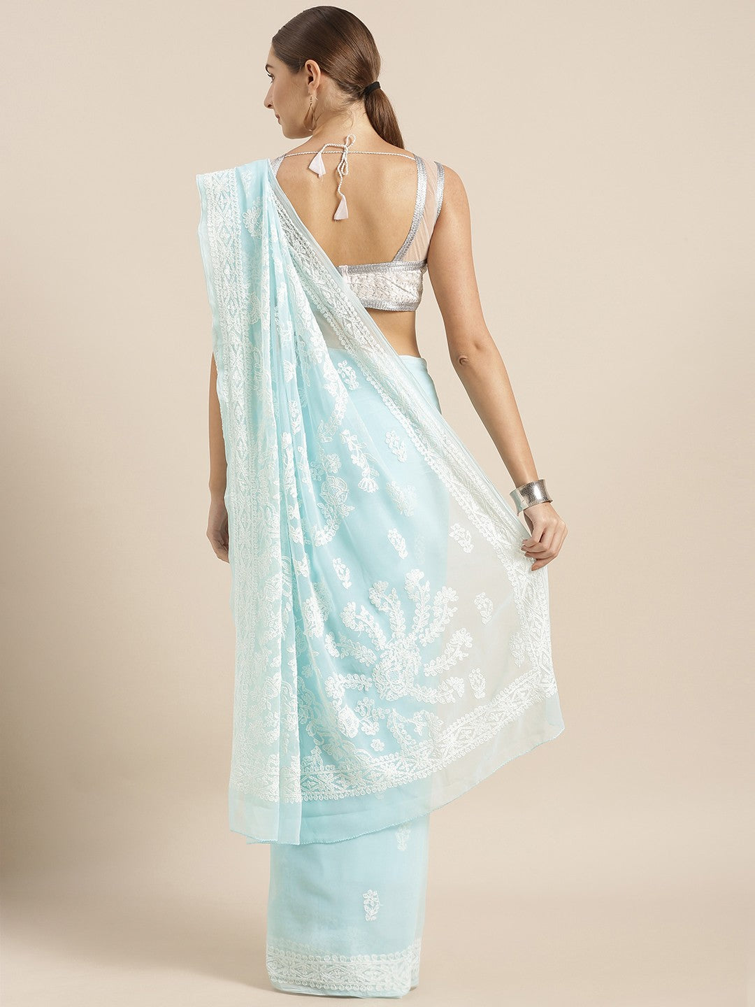 Ada Hand Embroidered Lucknow Chikan Blue Georgette Saree with Blouse A191628