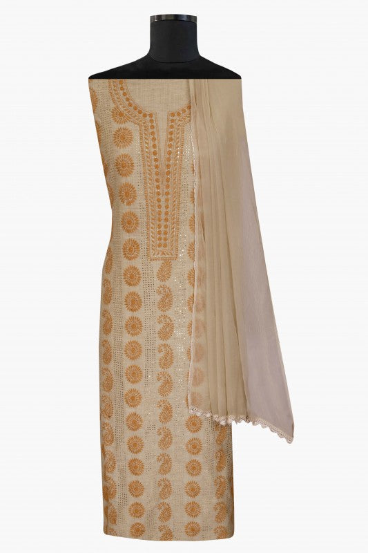 Ada Hand Embroidered Fawn Khadi Lucknowi Chikan Unstitched Suit Piece With Muqaish Work–A609251