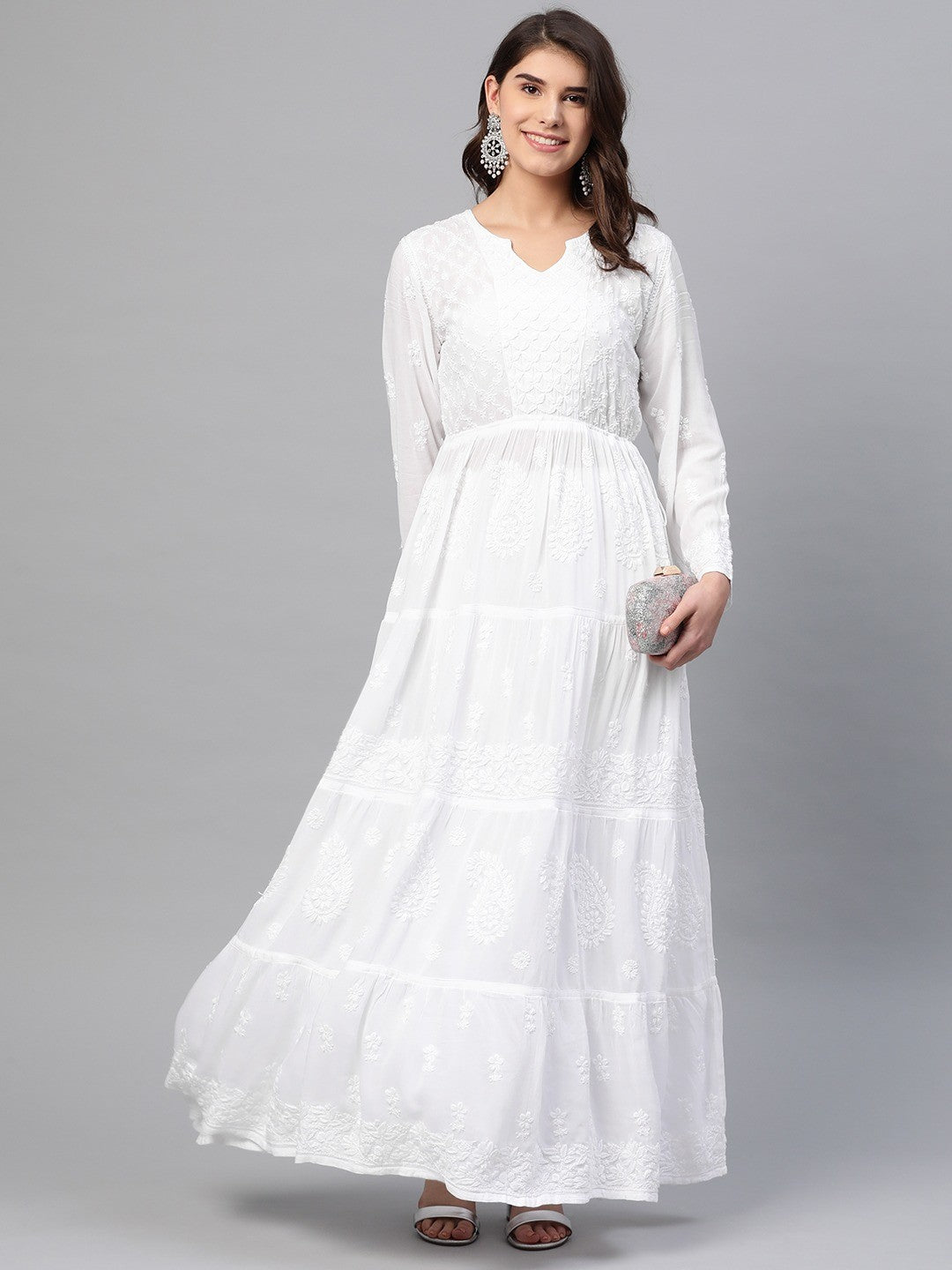 Ada Hand Embroidered White Muslin Lucknow Chikankari Anarkali Kurta-A411153