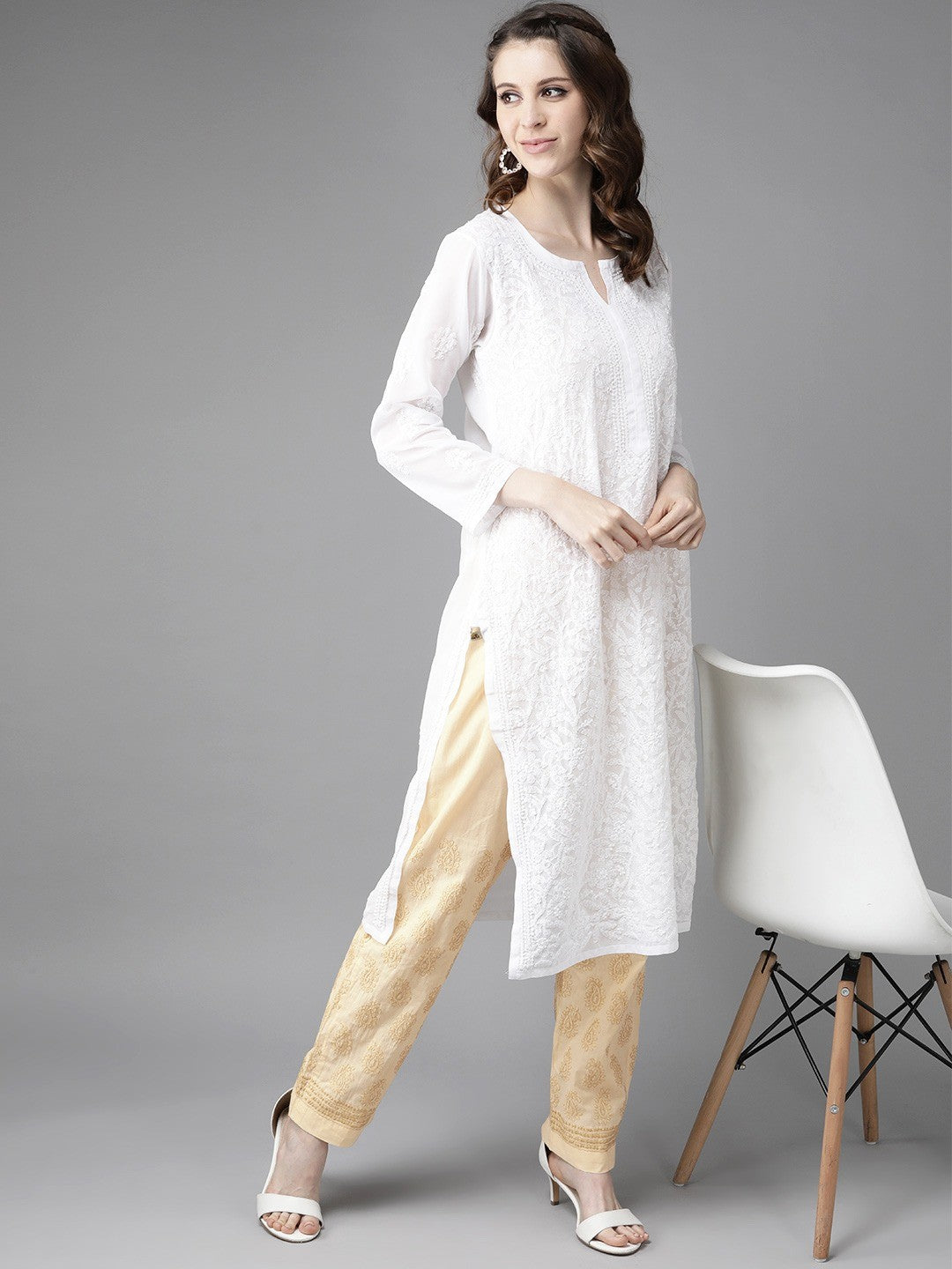 Ada Hand Embroidered White/Fawn Georgette Lucknowi Chikankari Kurta Set A811177