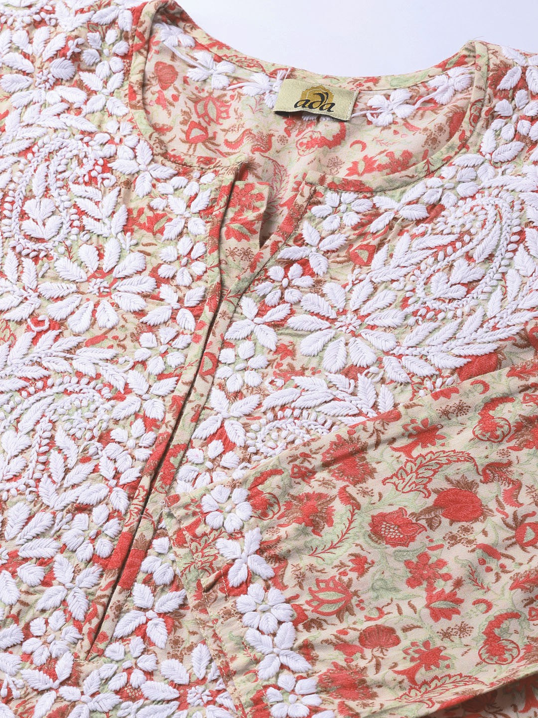 Ada Hand Embroidered Fawn Red Cotton Lucknowi Chikankari Straight Kurta- A100039