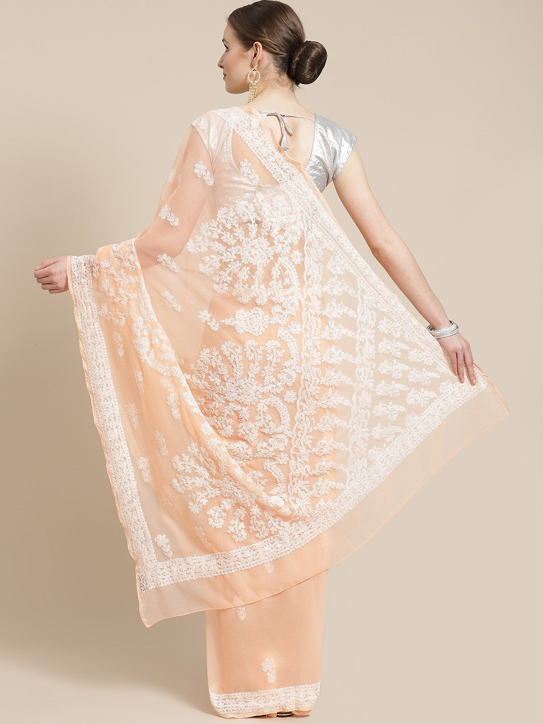 Ada Hand Embroidered Peach Georgette Lucknow Chikan Saree with Blouse A311248