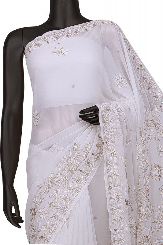 Ada Hand Embroidered White Georgette Lucknowi Chikankari Saree /Blouse with Gota Patti Work A42302