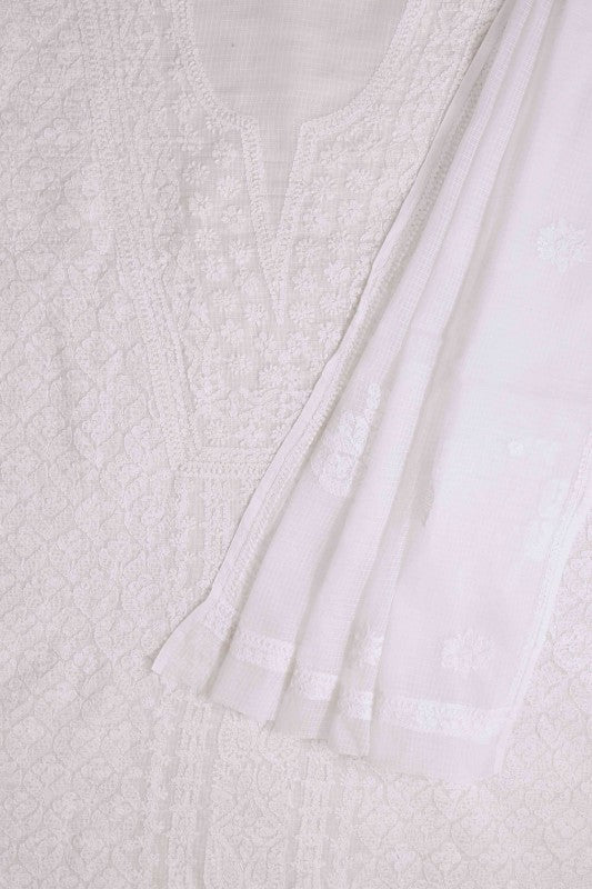 Ada Hand Embroidered White Kota Lucknowi Chikan Unstitched Kurta Dupatta-A618166