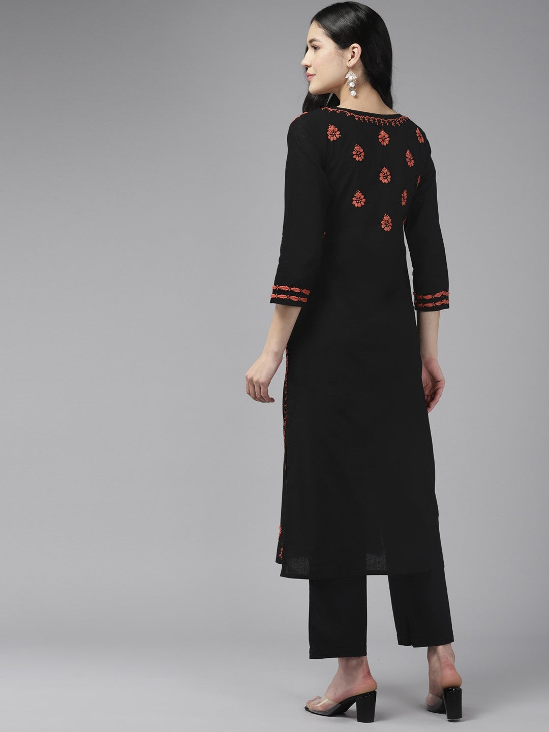Ada Hand Embroidered Black Cotton Lucknowi Chikankari Straight Kurta A411428