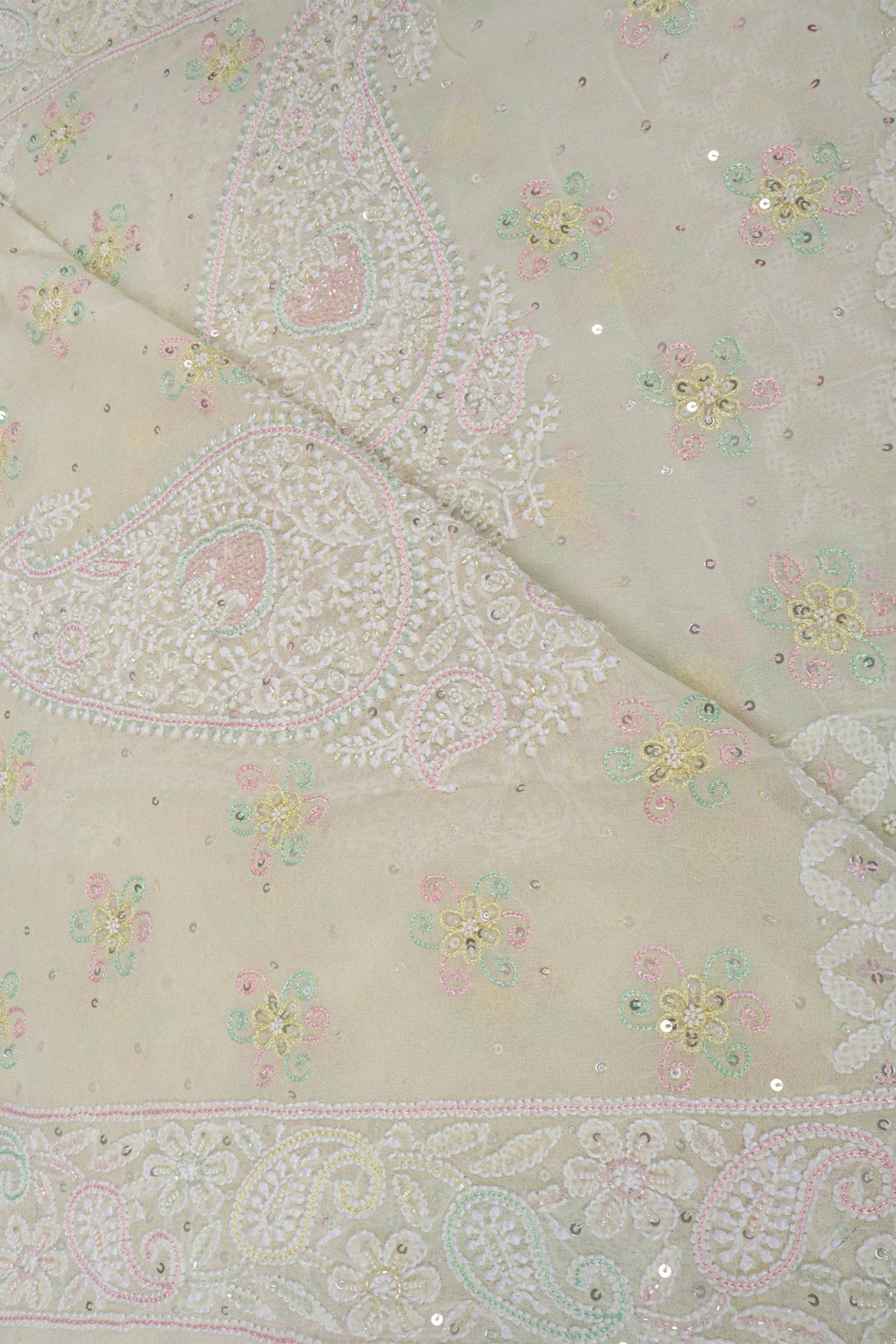 Ada Hand Embroidered Pale Yellow Pure Georgette Lucknowi Chikankari Dupatta With Cutdana Work 01A162505