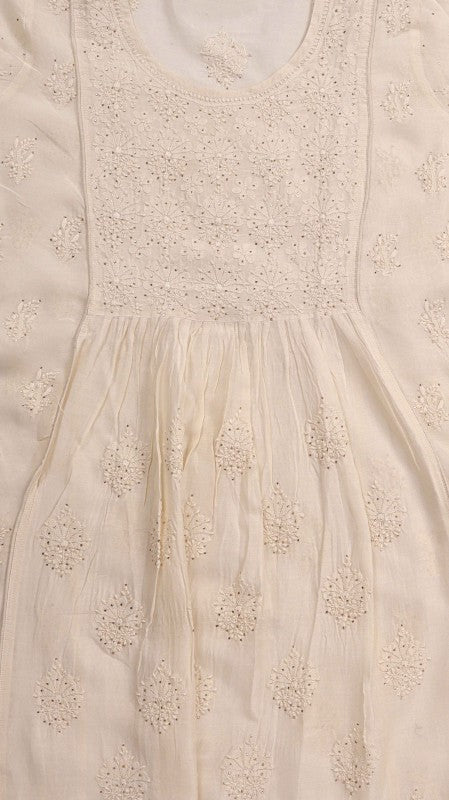 Ada Hand Embroidered Cream Chanderi Lucknowi Chikankari Unstitched Kurta Piece With Muqaish Work A597273