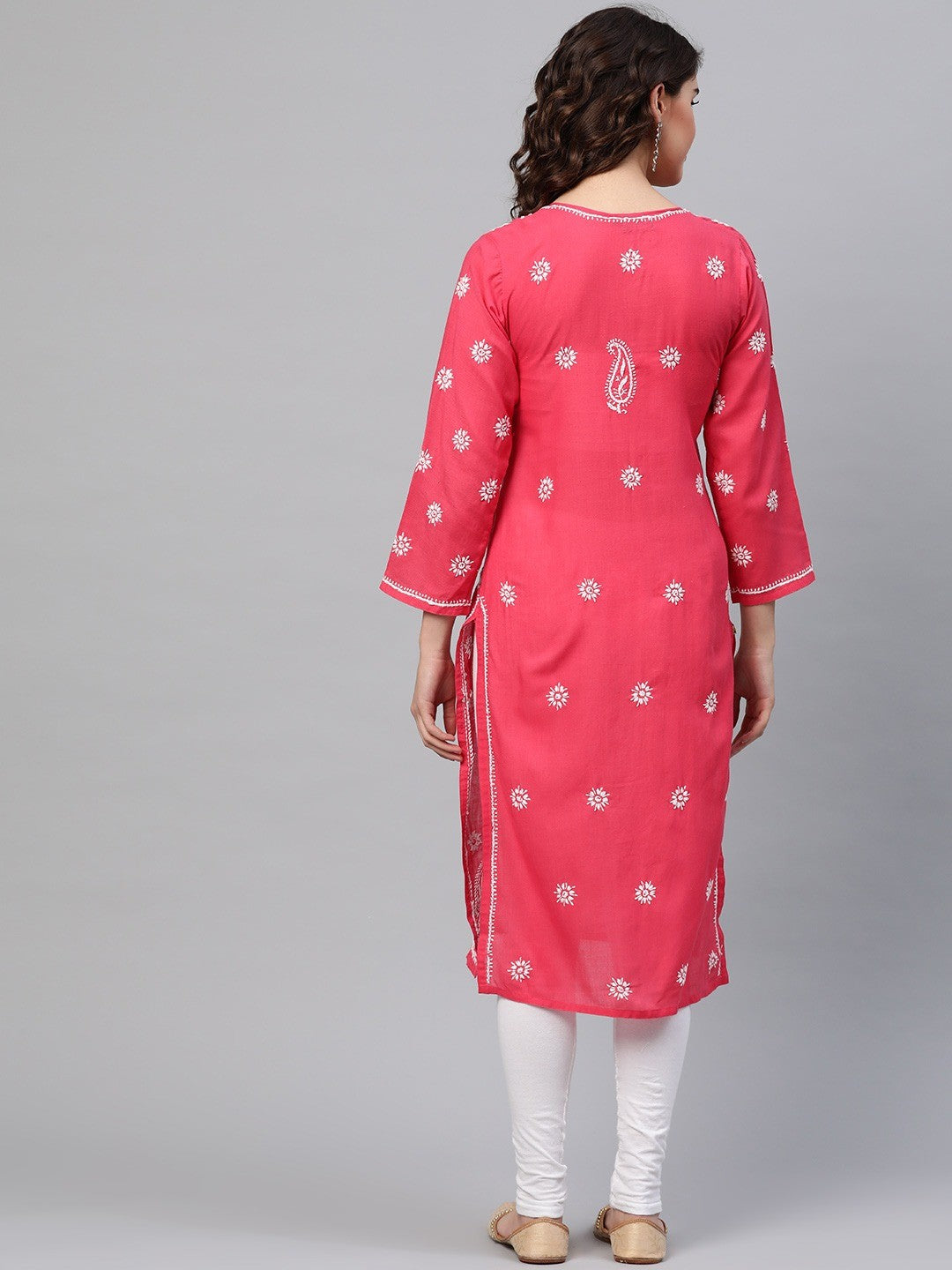 Ada Hand Embroidered Coral Pink Cotton Lucknow Chikankari Straight  Kurta  A133720