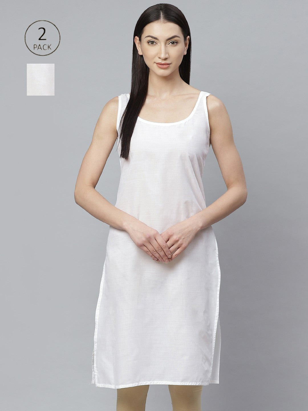 Ada Cream and White Cotton Long Slips Combo of 2 A308002.