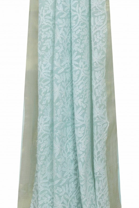 Ada Hand Embroidered Sea Green Kota Lucknowi Chikankari Dupatta-A476131