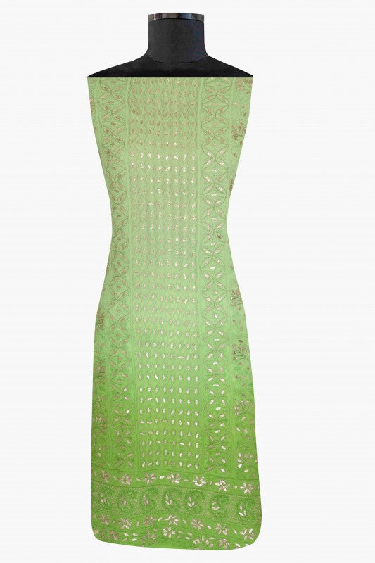 Ada Hand Embroidered Parrot Green Shaded Georgette Lucknowi Chikan Unstitched Kurta Dupatta Set with Gota Patti Work A480891