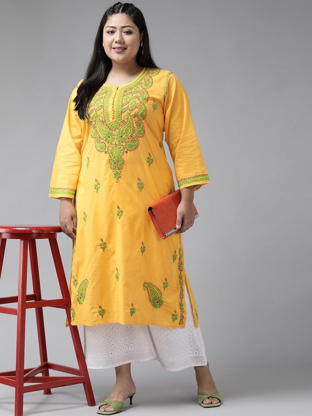 Ada Hand Embroidered Yellow Cotton Lucknowi Chikankari straight Kurta A223631