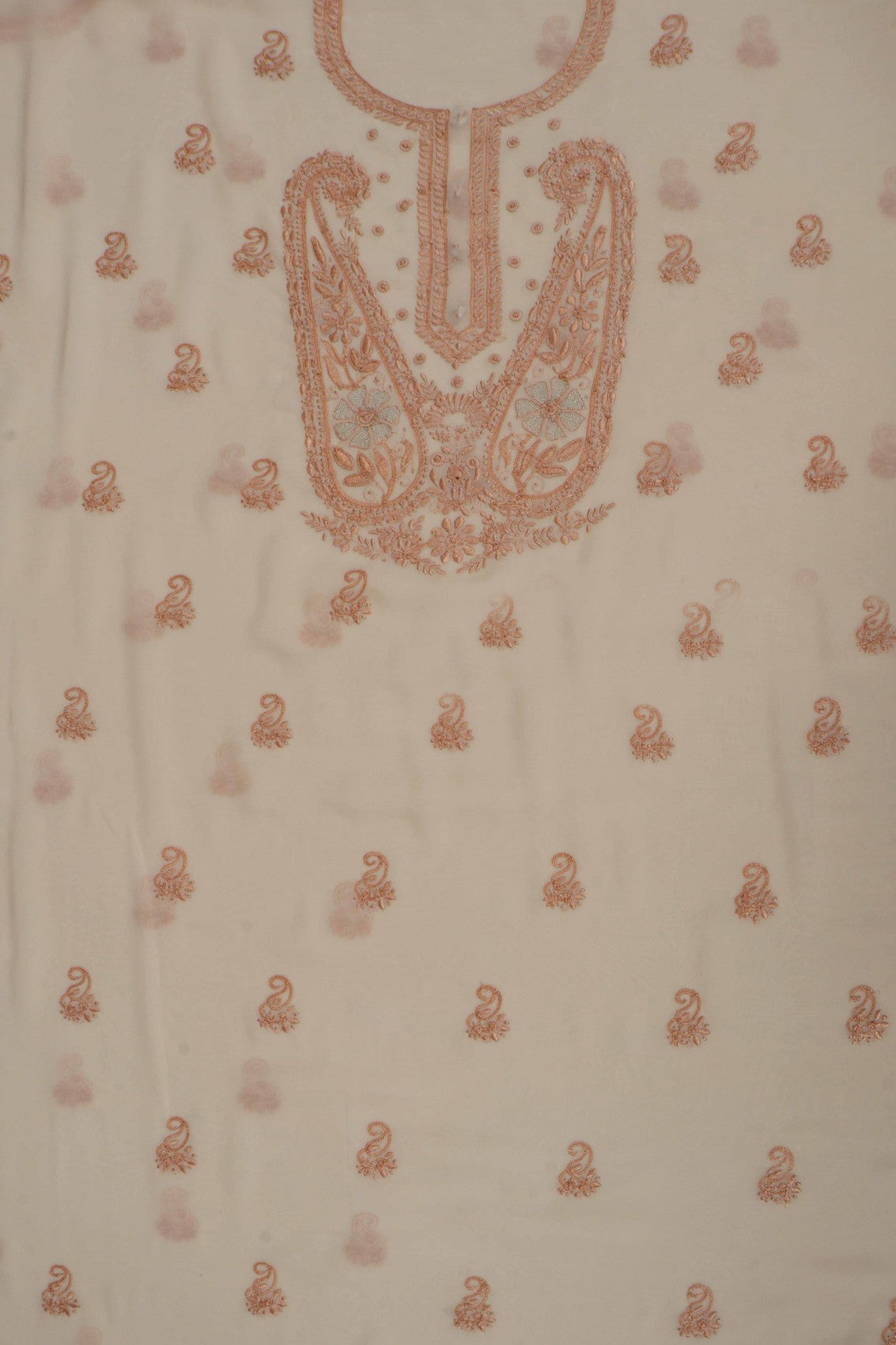 Ada Hand Embroidered Beige Pure Georgette Lucknowi Chikankari Unstitched Kurta Dupatta Set With Zari Work AA411297