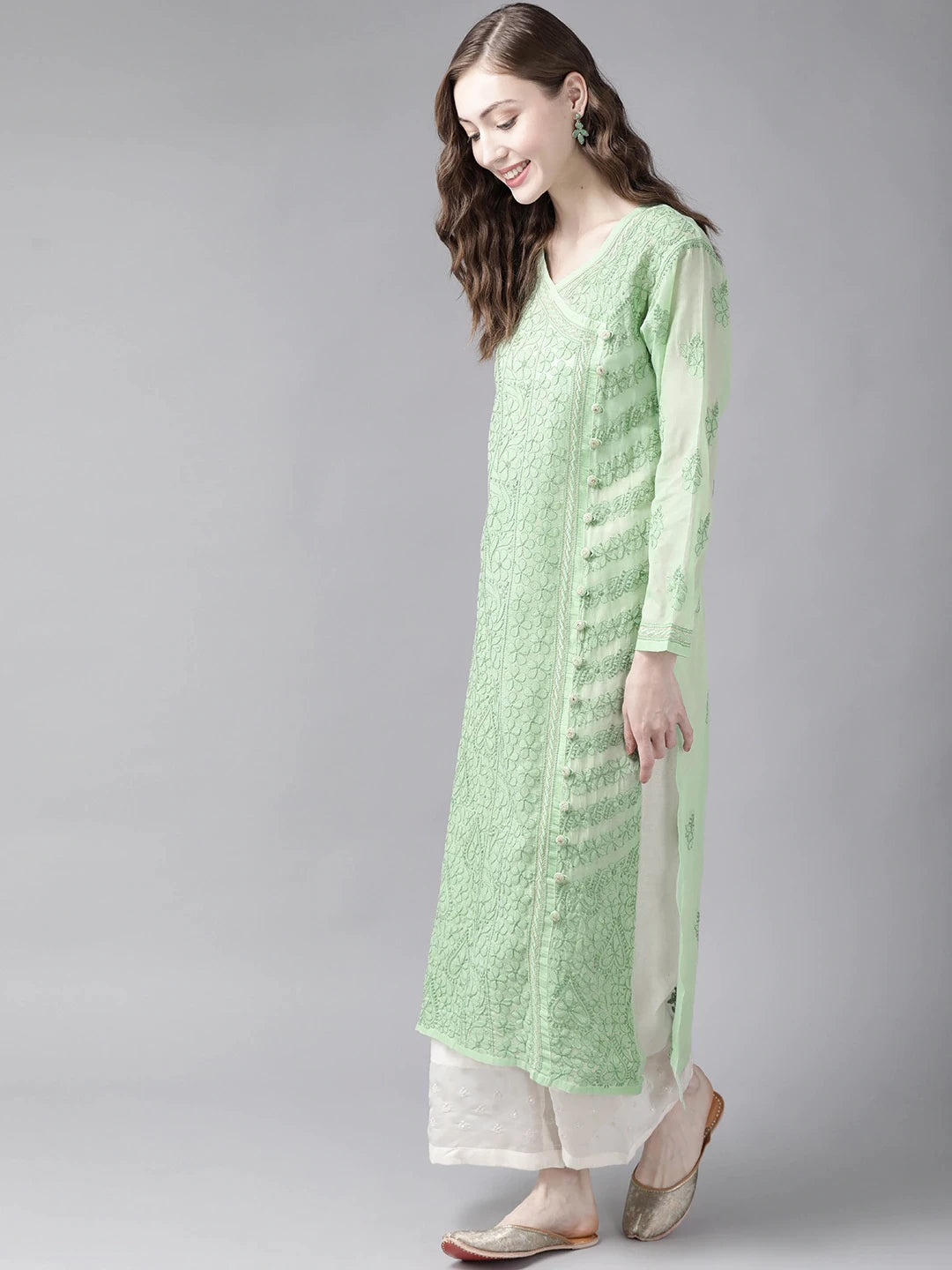 Ada Hand Embroidered Green Cotton Lucknow Chikan Kurta-A411254