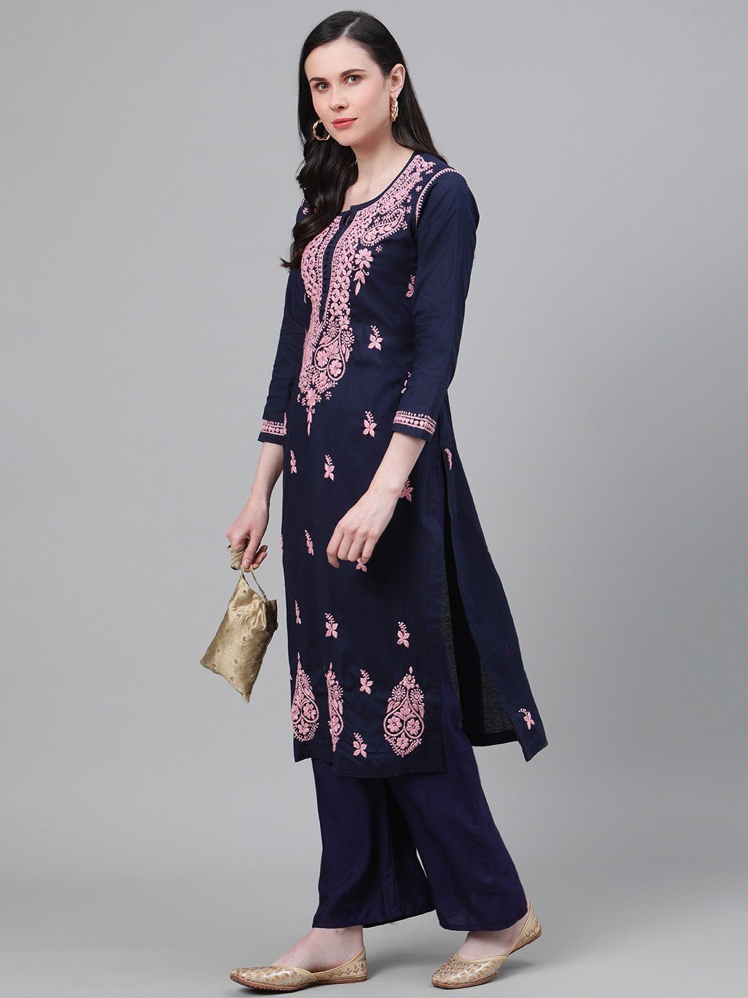 Ada Hand Embroidered Navy Blue Cotton Lucknowi Chikankari Straight Kurta A411144