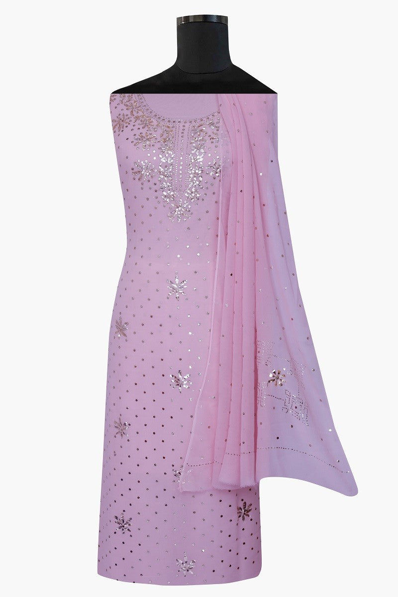 Ada Hand Embroidered Lemonade Pink Pure Georgette Lucknowi Chikan Unstitched Kurta Dupatta Set with Muqaish Work A580367