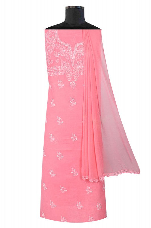 Ada Hand Embroidered Pink Cotton Lucknowi Chikan Unstitched Suit Piece A213045