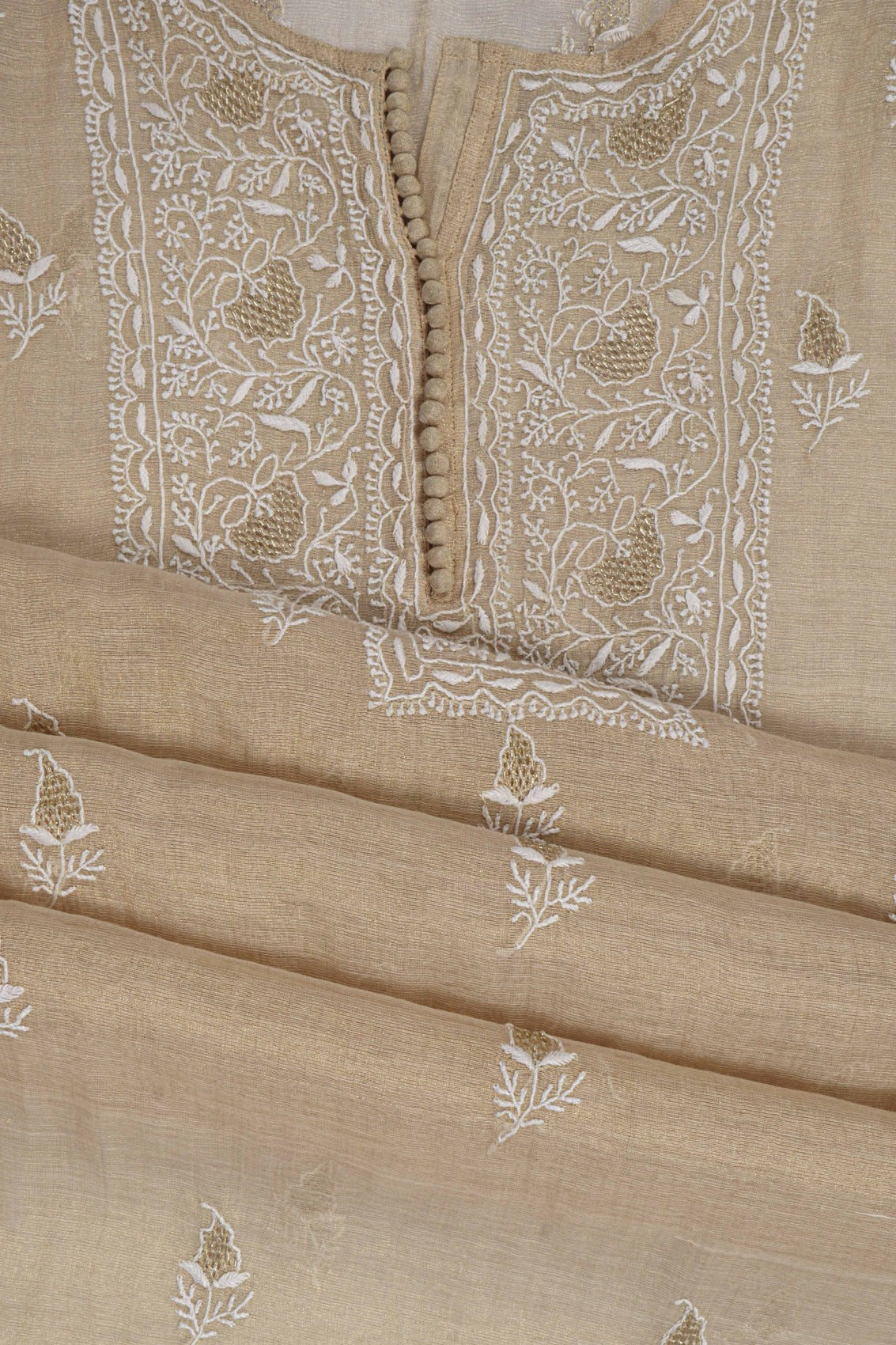 Ada Hand Embroidered Natural Fawn Tissue Lucknowi Chikankari Semi stitched Anarkali Kurta Dupatta Set With Zari Work 01A224436