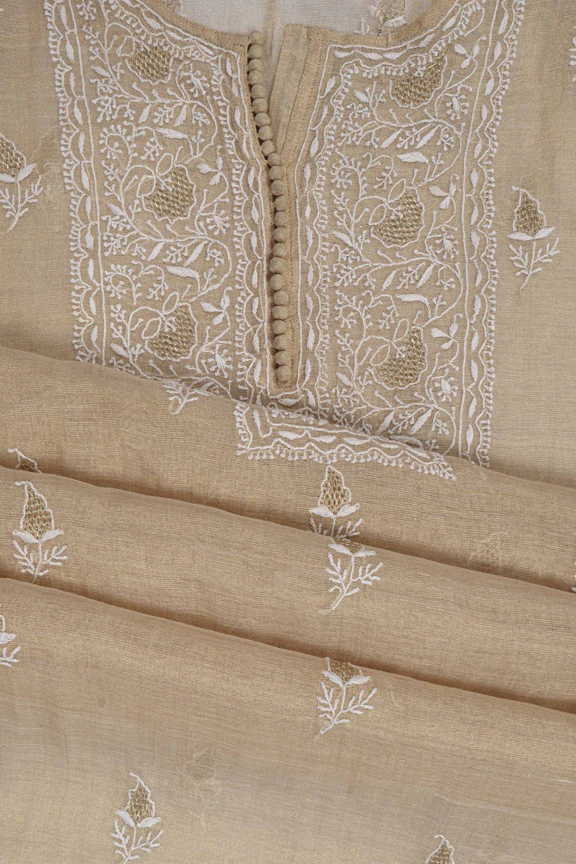 Ada Hand Embroidered Natural Fawn Tissue Lucknowi Chikankari Semi stitched Anarkali Kurta Dupatta Set With Zari Work 01A224436