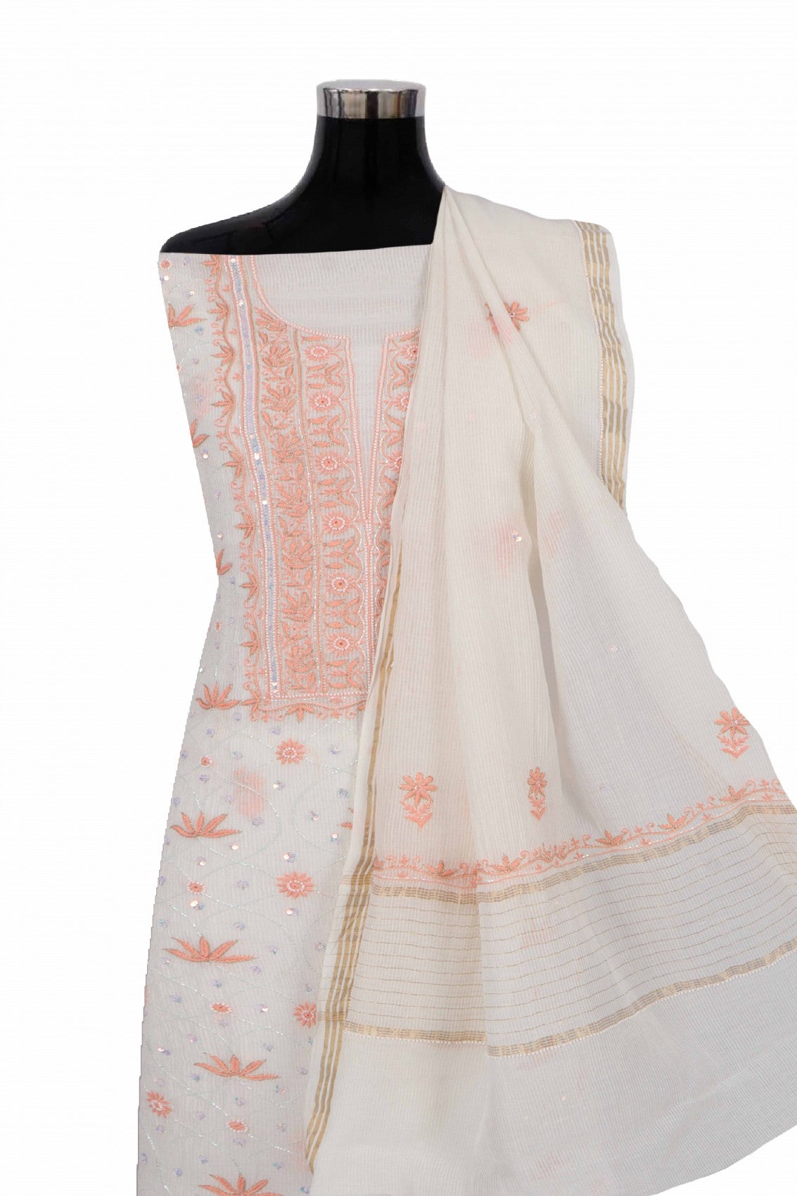 Ada Hand Embroidered Off White Chanderi Lucknowi Chikankari Unstitched Kurta Dupatta Set With Pearl Work 01A265086