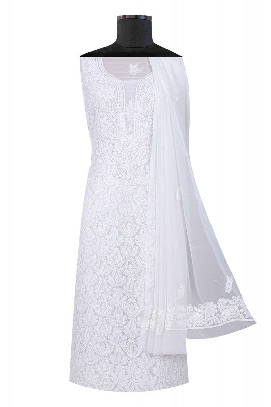 Ada Hand Embroidered White Georgette Lucknowi Chikankari Unstitched Suit Piece With Pearl Work A619183