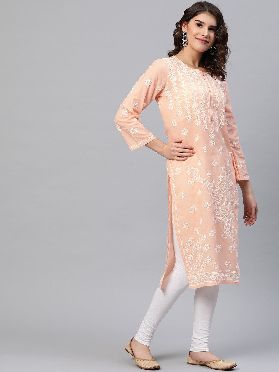 Ada Hand Embroidered Peach Cotton Lucknow Chikankari Straight  Kurta A208062
