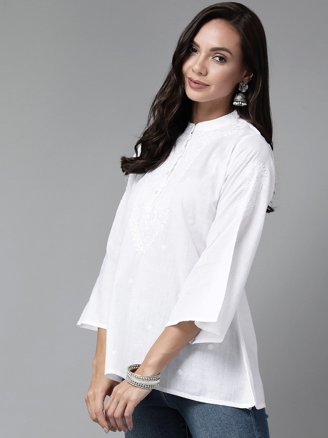 Ada Hand Embroidered White Linen Lucknowi Chikankari Short Kurti A911233