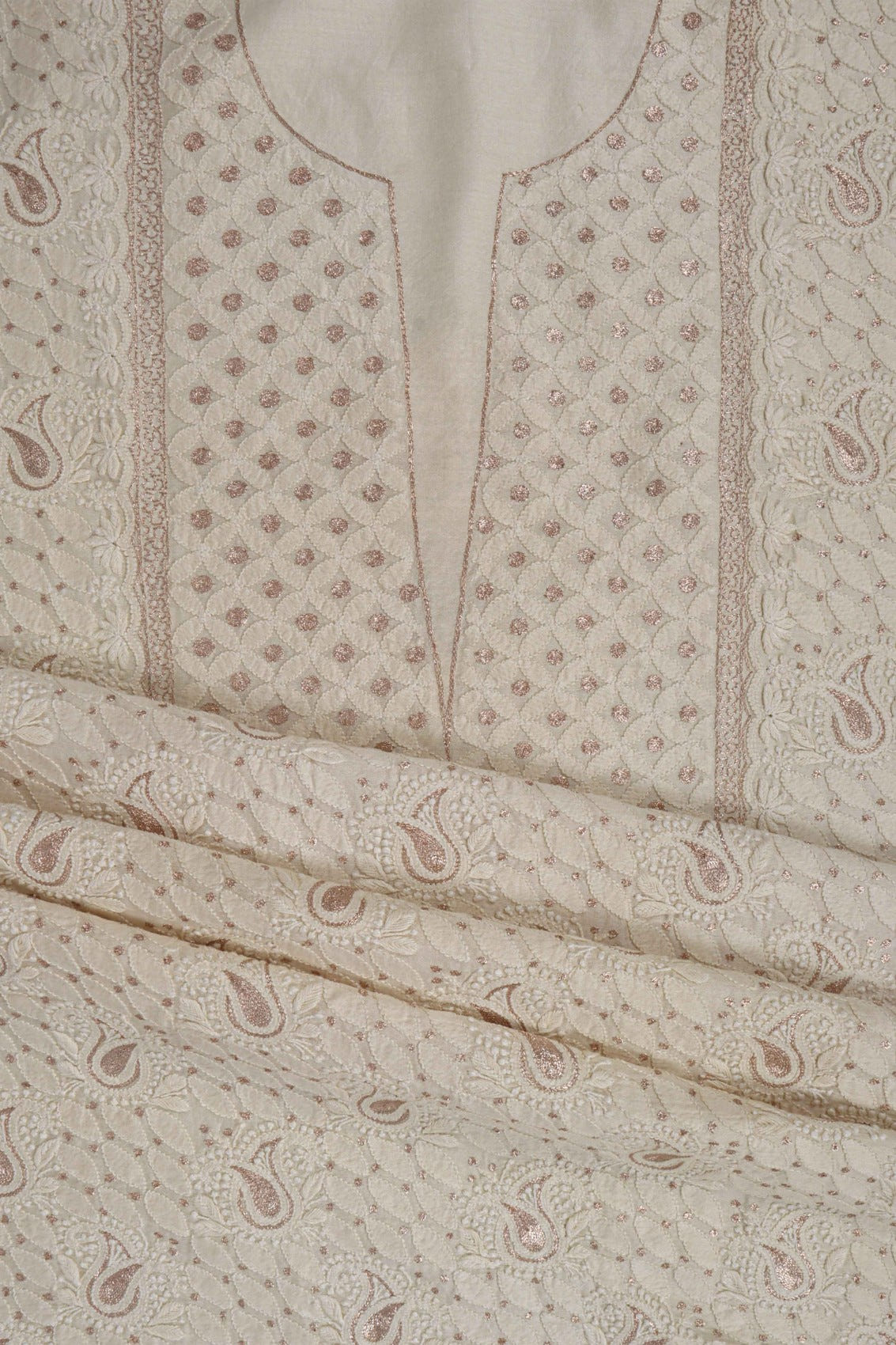 Ada Hand Embroidered Cream Chanderi Lucknowi Chikankari Unstitched Kurta Dupatta Set With Zari Work 01A105826